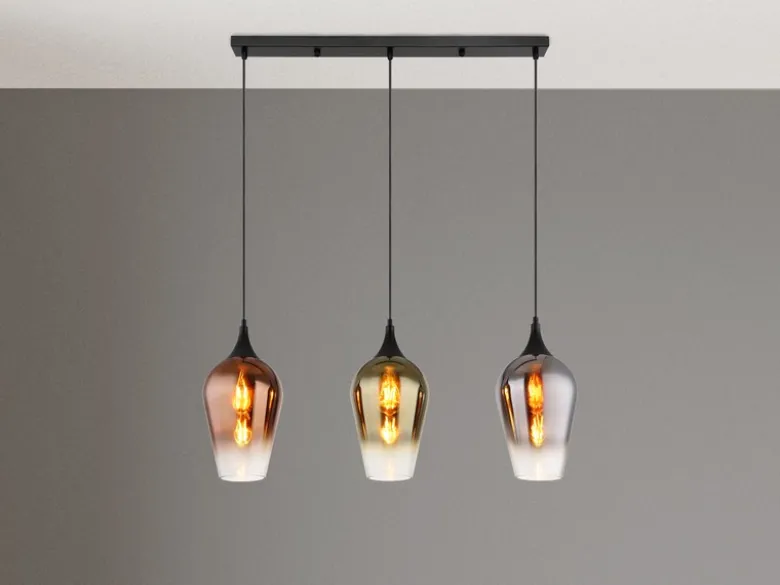 Ausgefallene Pendelleuchte LAVUS mit drei bunten Glasschirmen, Breite 83cm