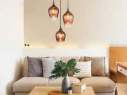 Ausgefallene Pendelleuchte LAVUS mit drei Kupferfarbigen Glasschirmen, Ø 45cm