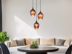 Ausgefallene Pendelleuchte LAVUS mit drei Kupferfarbigen Glasschirmen, Ø 45cm