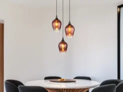 Ausgefallene Pendelleuchte LAVUS mit drei Kupferfarbigen Glasschirmen, Ø 45cm