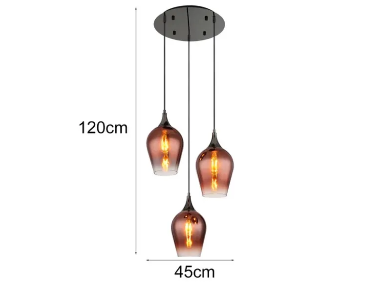Ausgefallene Pendelleuchte LAVUS mit drei Kupferfarbigen Glasschirmen, Ø 45cm
