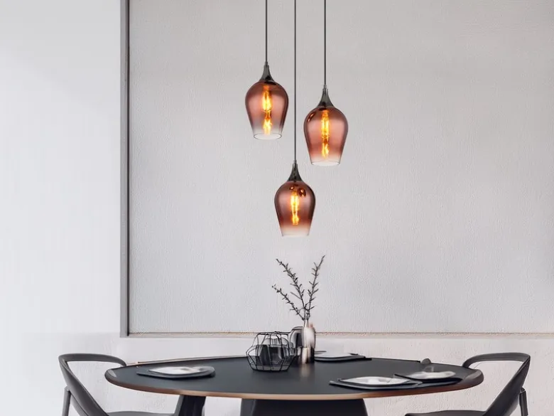 Ausgefallene Pendelleuchte LAVUS mit drei Kupferfarbigen Glasschirmen, Ø 45cm