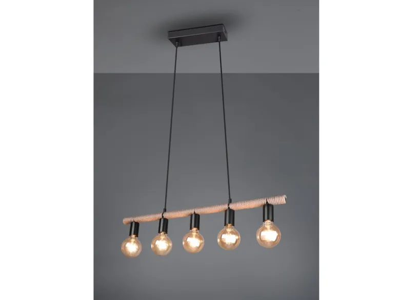 Ausgefallene Pendelleuchte EINAR 5 flammig Balken mit Sisal Seil, Breite 80cm
