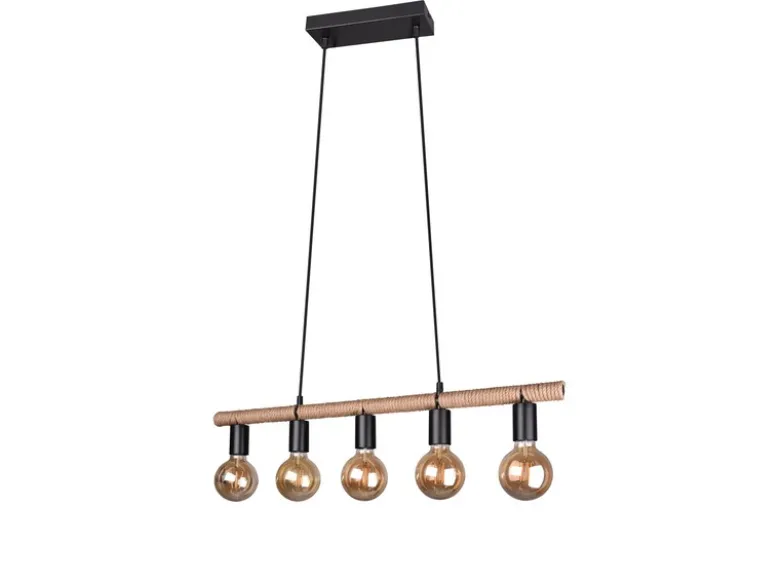Ausgefallene Pendelleuchte EINAR 5 flammig Balken mit Sisal Seil, Breite 80cm