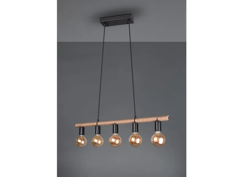 Ausgefallene Pendelleuchte EINAR 5 flammig Balken mit Sisal Seil, Breite 80cm