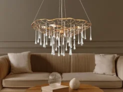 Ausgefallene Pendelleuchte LAGUNA Gold matt mit Glas Behang Ø 66cm