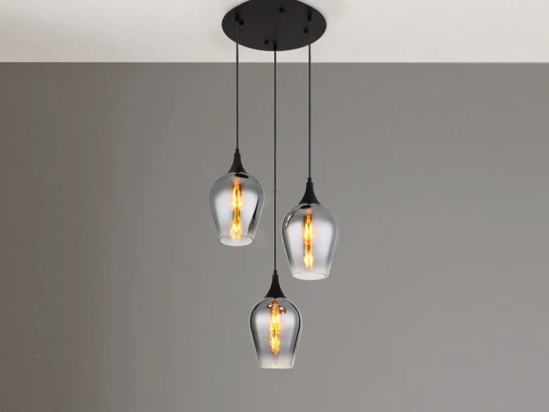 Ausgefallene Pendelleuchte LAVUS mit drei Rauchglas Lampenschirmen, Ø 45cm