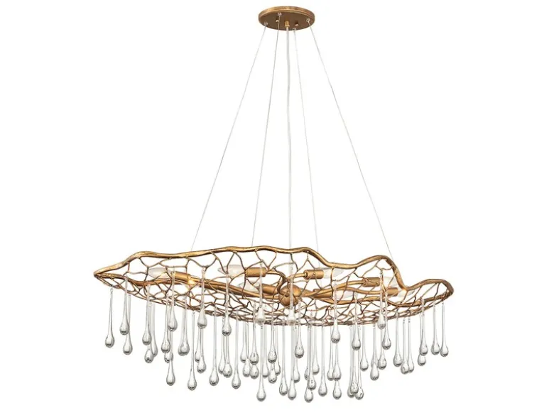 Ausgefallene Pendelleuchte LAGUNA Gold matt mit Glas Behang, Breite 107cm