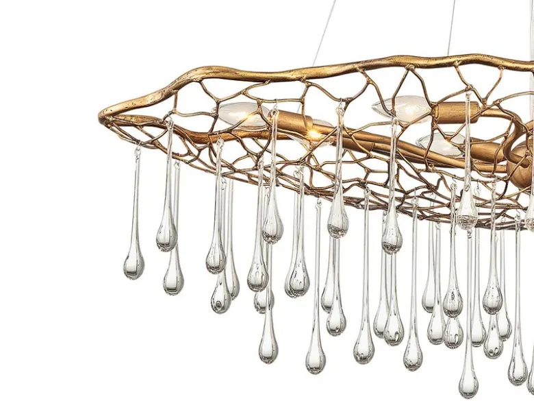 Ausgefallene Pendelleuchte LAGUNA Gold matt mit Glas Behang, Breite 107cm