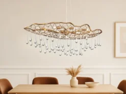 Ausgefallene Pendelleuchte LAGUNA Gold matt mit Glas Behang, Breite 107cm