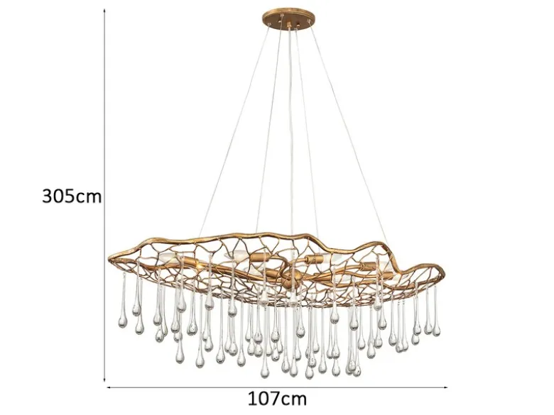Ausgefallene Pendelleuchte LAGUNA Gold matt mit Glas Behang, Breite 107cm