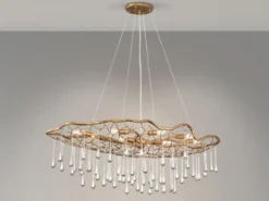 Ausgefallene Pendelleuchte LAGUNA Gold matt mit Glas Behang, Breite 107cm