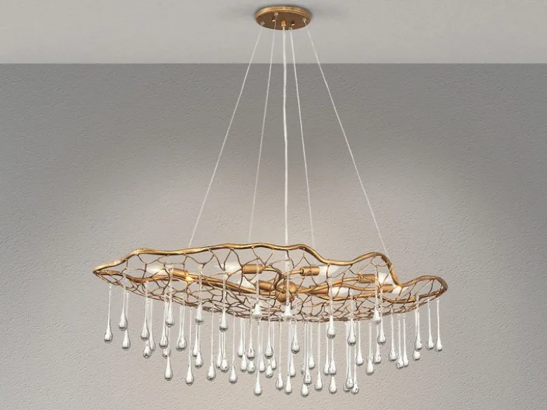 Ausgefallene Pendelleuchte LAGUNA Gold matt mit Glas Behang, Breite 107cm