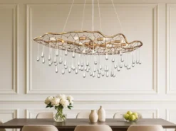 Ausgefallene Pendelleuchte LAGUNA Gold matt mit Glas Behang, Breite 107cm