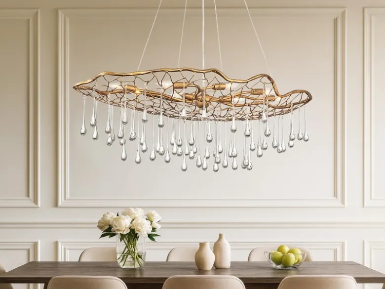 Ausgefallene Pendelleuchte LAGUNA Gold matt mit Glas Behang, Breite 107cm