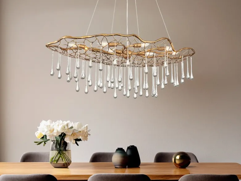 Ausgefallene Pendelleuchte LAGUNA Gold matt mit Glas Behang, Breite 107cm