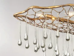 Ausgefallene Pendelleuchte LAGUNA Gold matt mit Glas Behang, Breite 107cm