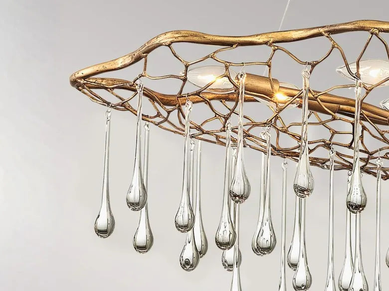 Ausgefallene Pendelleuchte LAGUNA Gold matt mit Glas Behang, Breite 107cm
