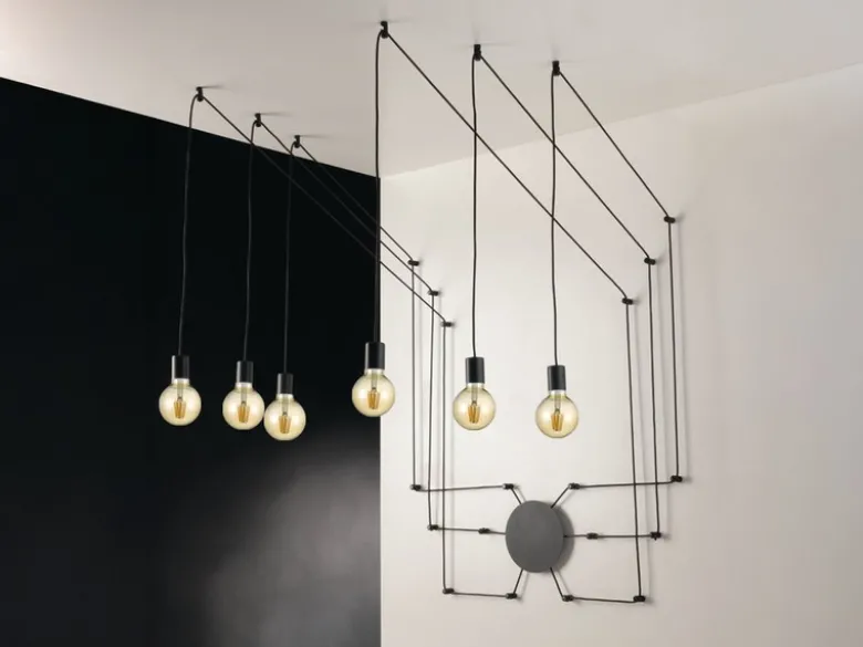 Ausgefallene Pendelleuchte 6-flammig in Schwarz - Wandmontage, Kabel jeweils 5m