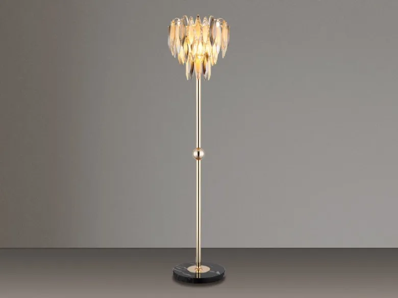 Ausgefallene Stehlampe ELINOR Gold mit 3-farbigem K9 Kristall, Höhe 165cm
