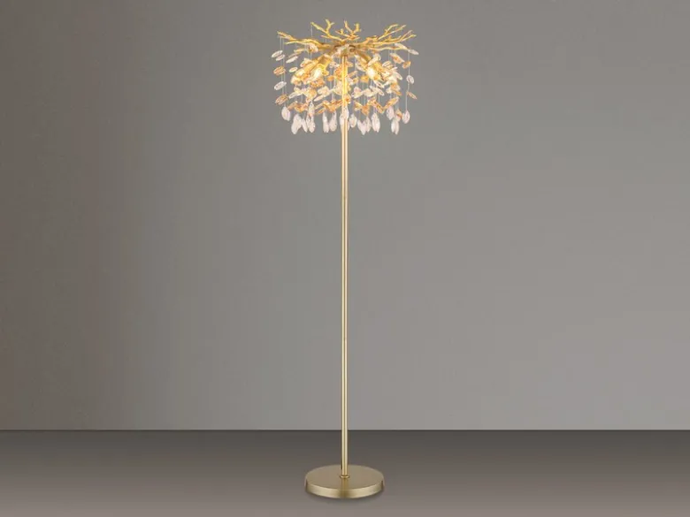 Ausgefallene Stehlampe QUEENA Gold mit Glas Kristall 2-farbig, Höhe 155cm