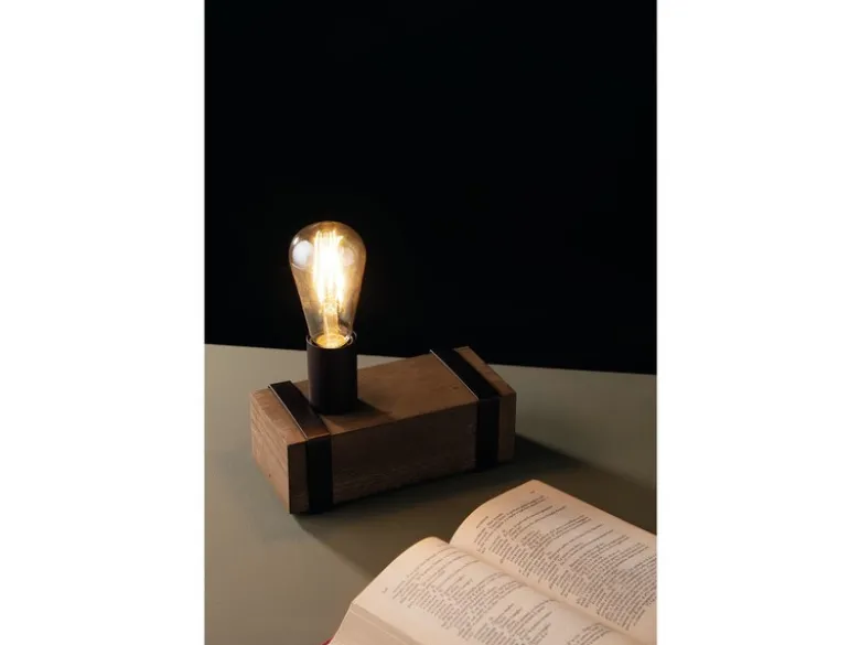Ausgefallene Vintage Industriedesign Tischlampe TEXAS 1 flammig mit Holzbalken