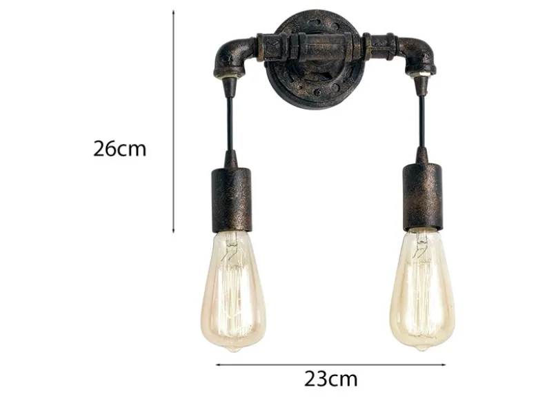 Ausgefallene Wandleuchte AMARCORD 2-flammig in Wasserrohr Optik, Rost, Höhe 26cm