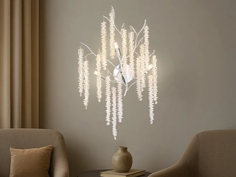 Ausgefallene Wandleuchte LAVERNE Silber Chrom mit Kristall, Höhe 60cm