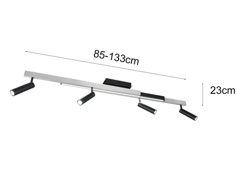 Ausziehbarer LED Deckenstrahler ZENO 4 Spots Schwarz Silber, max. Breite 133cm