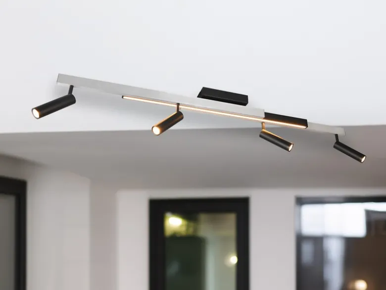 Ausziehbarer LED Deckenstrahler ZENO 4 Spots Schwarz Silber, max. Breite 133cm
