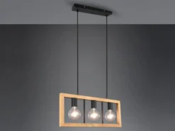 Balken Pendelleuchte AGRA 3 flammig Schwarz mit Holzbalken, Breite 60cm