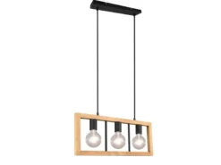 Balken Pendelleuchte AGRA 3 flammig Schwarz mit Holzbalken, Breite 60cm