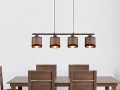 Balkenpendelleuchte DAVOS 4-flammig, Stoffschirme Taupe/Gold, Breite 75cm
