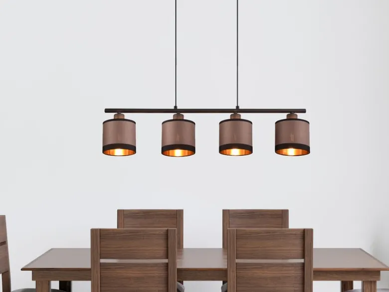 Balkenpendelleuchte DAVOS 4-flammig, Stoffschirme Taupe/Gold, Breite 75cm