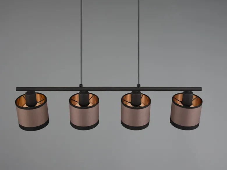 Balkenpendelleuchte DAVOS 4-flammig, Stoffschirme Taupe/Gold, Breite 75cm