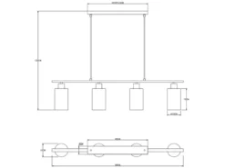 Balkenpendelleuchte HADERA mit 4 Rauchglas Lampenschirmen, Breite 98cm