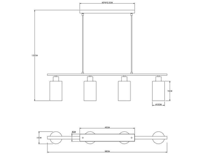 Balkenpendelleuchte HADERA mit 4 Rauchglas Lampenschirmen, Breite 98cm