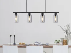 Balkenpendelleuchte HADERA mit 4 Rauchglas Lampenschirmen, Breite 98cm