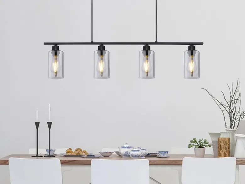 Balkenpendelleuchte HADERA mit 4 Rauchglas Lampenschirmen, Breite 98cm