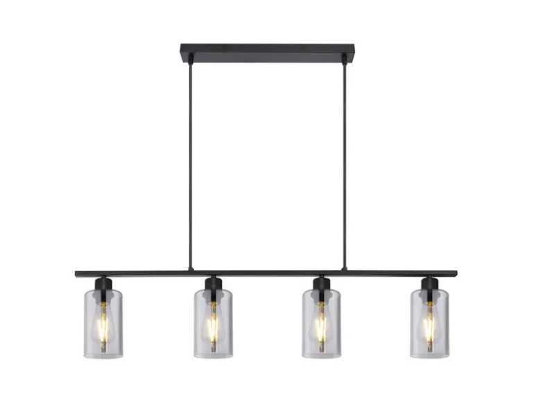Balkenpendelleuchte HADERA mit 4 Rauchglas Lampenschirmen, Breite 98cm