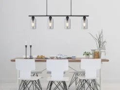 Balkenpendelleuchte HADERA mit 4 Rauchglas Lampenschirmen, Breite 98cm