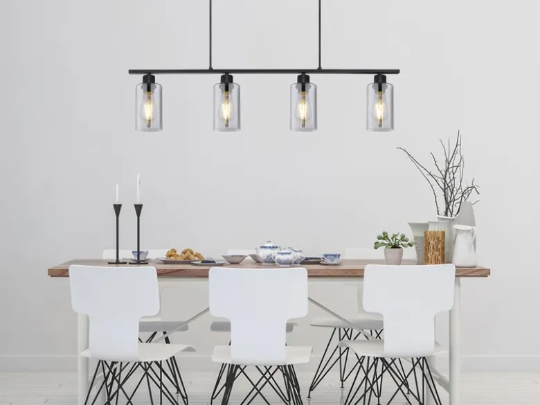 Balkenpendelleuchte HADERA mit 4 Rauchglas Lampenschirmen, Breite 98cm