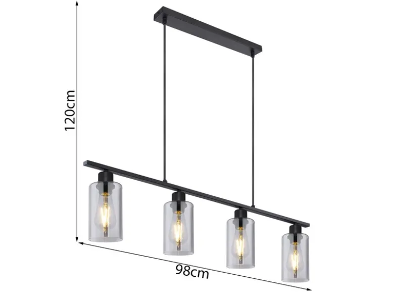 Balkenpendelleuchte HADERA mit 4 Rauchglas Lampenschirmen, Breite 98cm