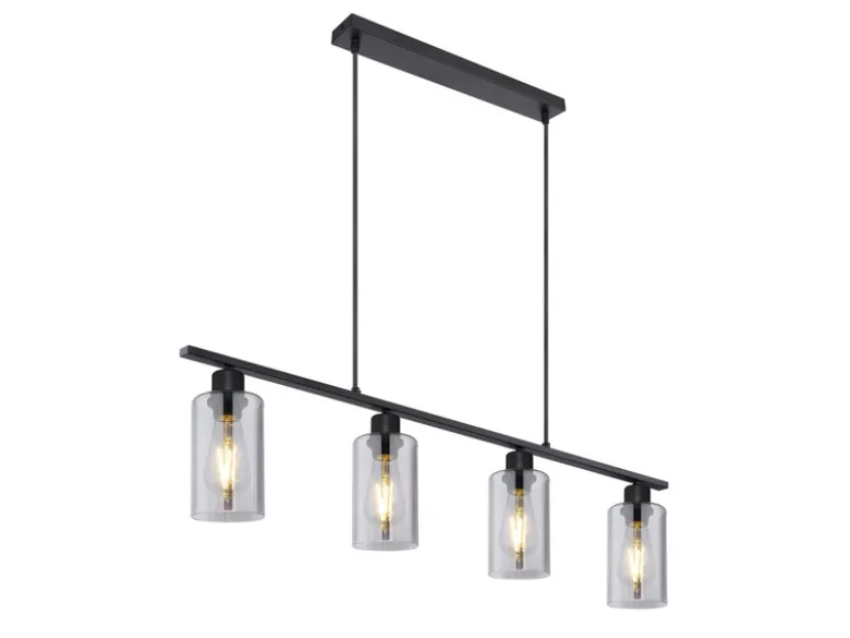 Balkenpendelleuchte HADERA mit 4 Rauchglas Lampenschirmen, Breite 98cm