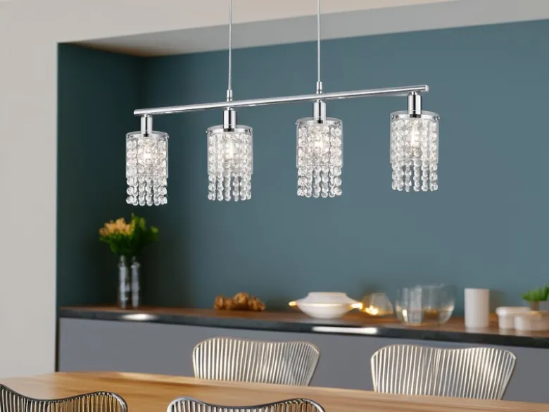 Balken Pendelleuchte POSH 4-flammig mit Acryl Kristall Behang, Breite 80cm