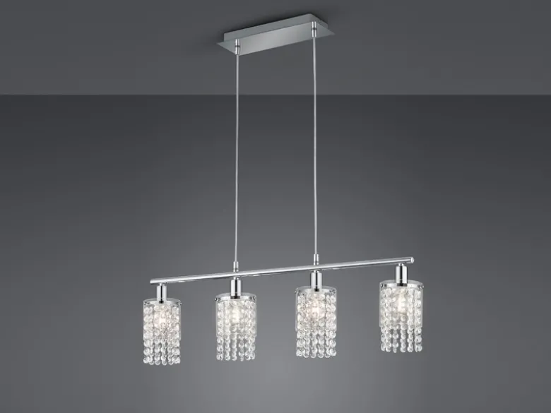Balken Pendelleuchte POSH 4-flammig mit Acryl Kristall Behang, Breite 80cm