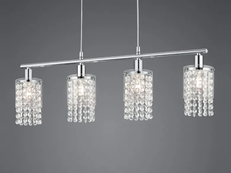 Balken Pendelleuchte POSH 4-flammig mit Acryl Kristall Behang, Breite 80cm