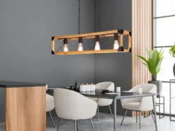 Balken Pendelleuchte TENALI 4 flammig Schwarz mit Holzbalken, Breite 100cm