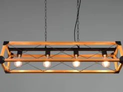 Balken Pendelleuchte TENALI 4 flammig Schwarz mit Holzbalken, Breite 100cm