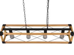 Balken Pendelleuchte TENALI 4 flammig Schwarz mit Holzbalken, Breite 100cm